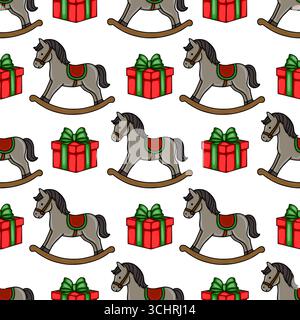 Motivo vettoriale senza cuciture con affascinanti cavalli a dondolo grigi e confezioni regalo rosse con nastri verdi, per un Natale divertente e festoso Illustrazione Vettoriale