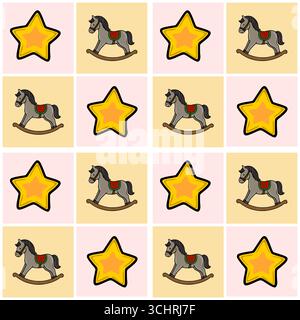 Motivo vettoriale senza cuciture con cavalli a dondolo grigi ripetuti e stelle gialle su sfondo rosa pastello e beige, perfetto per tessuti o vivai per bambini Illustrazione Vettoriale