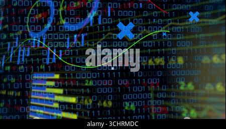 Visualizzazione del monitor che mostra il codice binario sul dashboard di trading, con barre cartografiche e contrassegni X. Foto Stock