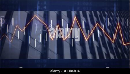 Visualizzazione di una linea a zigzag rosso-giallo che interseca le candele etichette numeriche a griglia sulla facciata alta Foto Stock