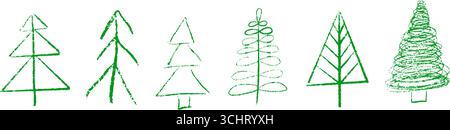 Set di alberi di Natale disegnati a mano. Disegni pastello e pastello a doodle di pino e abete rosso. Illustrazione vettoriale natalizia in stile gesso per bambini su bianco Illustrazione Vettoriale