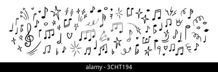 Note musicali disegnate a mano di sottofondo. Illustrazione vettoriale dello schizzo con scrittura a mano. Personale classico. Melodia della canzone. Scuola musicale, karaoke, serra desi Illustrazione Vettoriale