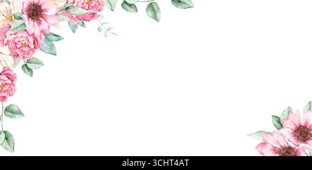 Cornice rettangolare ad acquerello con peonie rosa, azalee bianche, foglie di eucalipto disposte sui bordi, isolate su sfondo bianco. Perfetto per Wedd Foto Stock