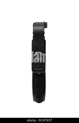 Un elegante mini treppiede ripiegato nero con supporto per telefono. Foto Stock