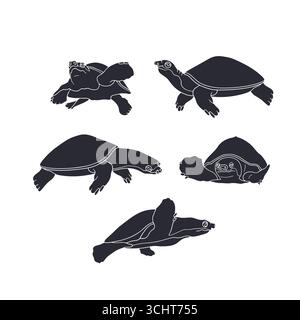 Set illustrativo monocromatico per tartarughe oceaniche disegnate a mano. Sagoma nera del gruppo clipart del rettile marino Illustrazione Vettoriale