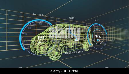 Visualizzazione di un furgone a reticolo verde che si sposta attraverso il tunnel della griglia, mostrando gli indicatori di velocità, carica e percorso Foto Stock