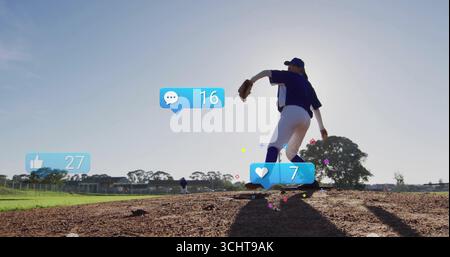 Caraffa con berretto, uniforme blu e guanto che si avvolgono sul tumulo, con icone sociali e spazio per copiare Foto Stock