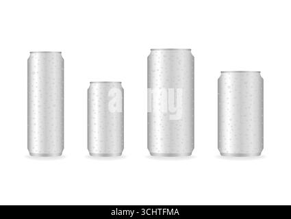 Lattine in alluminio con gocce d'acqua. Illustrazione vettoriale isolata su sfondo bianco. Illustrazione Vettoriale