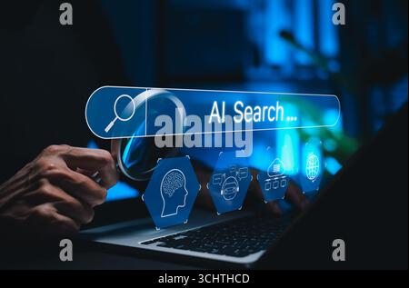 Concetto di tecnologia ai Search Engine. Persona che utilizza un laptop con interfaccia della barra di ricerca basata sull'intelligenza artificiale e icona digitale che rappresenta il chatbot, la rete neurale, Foto Stock