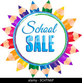 Banner di vendita Vector Back to School, sfondo del poster. Schizzo disegnato a mano, matite colorate. Layout per etichette di sconto, volantini e acquisti. Illustrazione Vettoriale