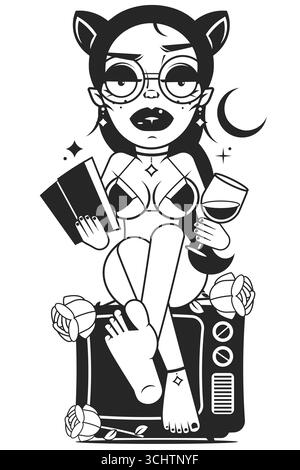 una bella ragazza carina si rallegra di un'altalena e della luna e delle stelle Illustrazione Vettoriale