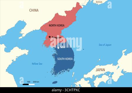 Mappa della Corea del Nord e del Sud con territori e capitali Illustrazione Vettoriale