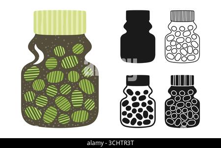 Bottiglia con pillole capsule integratori vitaminici set di cartoni animati. Simbolo della medicina ayurveda. Medicina alternativa farmaceutica disegno piatto medico rimedio ayurvedico logo, silhouette vettoriale illustrazione Illustrazione Vettoriale