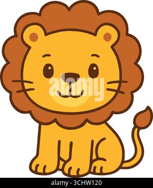 Carino illustrazione di un leone cartoni animati – adorabile leone bambino con criniera marrone, posa seduta, isolato su sfondo bianco – design per bambini, clipart animale Illustrazione Vettoriale