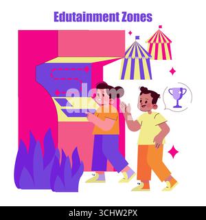 Illustrazione vettoriale di due bambini che giocano entusiasticamente a un gioco arcade in una zona di intrattenimento. La scena mette in risalto la gioia e l'emozione mentre si interagiscono con il display interattivo. Illustrazione Vettoriale