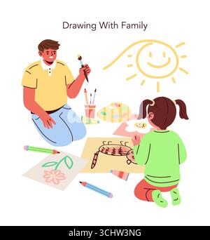 Un padre e una figlia si impegnano in una sessione creativa di disegno a casa, usando pitture e matite. Con i sorrisi condivisi, disegnano e apprezzano il tempo di qualità insieme in questa illustrazione vettoriale. Illustrazione Vettoriale