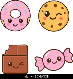 Illustrazione cartoni animati cartoni animati: Adorabili ciambelle, biscotti, barretta di cioccolato e caramelle con volti sorridenti, icone di dessert in stile kawaii Illustrazione Vettoriale
