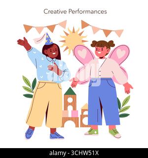 I bambini in costumi fantasiosi, un mago e una fata, si impegnano gioiosamente in un gioco creativo. L'illustrazione vettoriale colorata enfatizza l'immaginazione e il divertimento dell'infanzia. Illustrazione Vettoriale