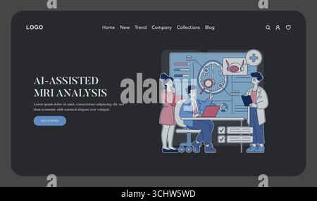 Illustrazione vettoriale di un gruppo che analizza le scansioni RM su un'interfaccia digitale. Raffigura i professionisti del settore medico che collaborano all'analisi MRI assistita dall'IA con una combinazione di IA e tecnologia. Illustrazione Vettoriale
