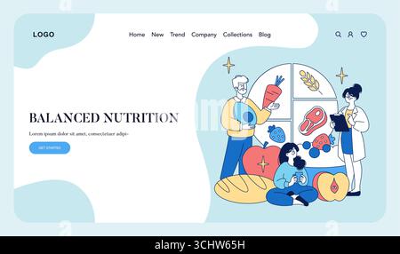 Illustrazione vettoriale che mostra un concetto nutrizionale bilanciato con vari gruppi alimentari. Tre persone stanno interagendo con prodotti alimentari sani, discutendo abitudini alimentari nutrienti. Illustrazione Vettoriale