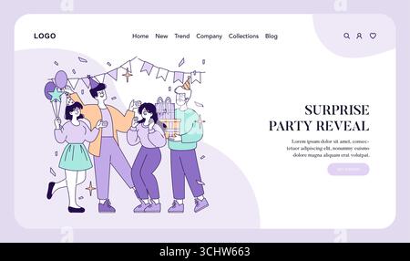Illustrazione vettoriale di una festa a sorpresa con amici che festeggiano. Le persone stanno tenendo regali e palloncini, circondati da decorazioni natalizie. Le espressioni facciali mostrano gioia ed eccitazione. Illustrazione Vettoriale