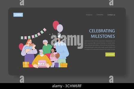Diversi gruppi si sono riuniti per una festa, che comprende una torta, palloncini e regali. L'illustrazione vettoriale mostra adulti e bambini sorridenti, trasmettendo gioia all'evento fondamentale. Illustrazione Vettoriale