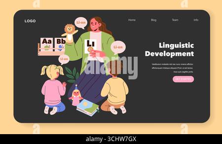 Illustrazione vettoriale di un insegnante che coinvolge i bambini in un'attività di sviluppo linguistico. L'insegnante utilizza carte animali e burattini per insegnare i suoni delle lettere in un ambiente giocoso. Illustrazione Vettoriale