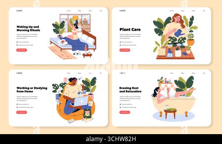 Serie di illustrazioni vettoriali che illustrano le attività quotidiane. Le scene includono il risveglio, la cura delle piante, il lavoro da casa e il relax serale. Espressioni allegre e mirate migliorano il tema. Illustrazione Vettoriale