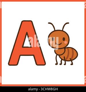 Carino alfabeto A cartoni animati con formiche - illustrazione didattica per bambini ABC, personaggio educativo animale per bambini, isolato su sfondo bianco. Illustrazione Vettoriale