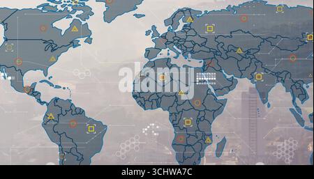 La visualizzazione della sovrapposizione della mappa mondiale è sospesa sullo skyline urbano, con nodi di dati e cluster di griglie esadecimali Foto Stock