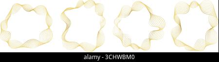 Set di cornici ondulate astratte, bordi ondulati dorati isolati su bianco. Illustrazione Vettoriale