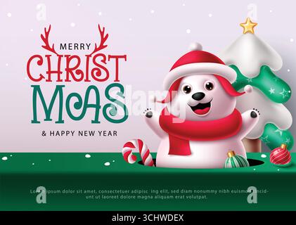 Happy Polar Bear in costume di Babbo Natale per festeggiare il Natale con il saluto invernale Illustrazione Vettoriale