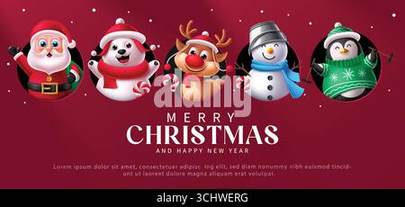 Adorabile Babbo Natale, pupazzo di neve, renne, pinguini e orso polare Illustrazione Vettoriale