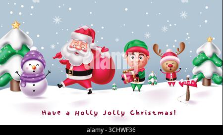 Allegro Babbo Natale Clipart Snowman, Elfo e renne nel festoso Winter Wonderland Illustrazione Vettoriale