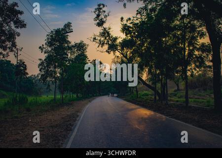 Una tranquilla serata estiva a Chattogram, Bangladesh, dove una strada tranquilla si snoda attraverso lussureggianti alberi verdi sotto la calda luce dorata del tramonto. Foto Stock