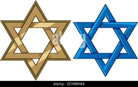 Due simboli a stella di David con blocco interno in oro e blu, stile vettoriale pulito, sfondo bianco Illustrazione Vettoriale