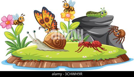 Colorata illustrazione vettoriale di insetti e una lumaca in una vivace e giocosa scena del suolo della foresta. Illustrazione Vettoriale