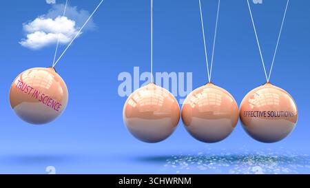 La fiducia nella scienza produce soluzioni efficaci. Una metafora della culla di Newton in cui Trust in Science dà slancio a soluzioni efficaci. Causa ed eff Foto Stock