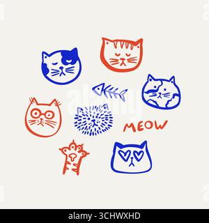 Motivo con simpatica zampa gattino e scritta MEOW. Illustrazione Vettoriale