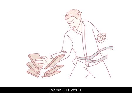 Combattimenti orientali e concetto di arte di guerra. Giovane uomo in kimono bianco in piedi facendo spinta con mano rompere legno sensazione forte sicuro illustrazione vettoriale Illustrazione Vettoriale