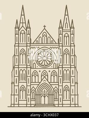 Un alto fronte architettonico mostra torri ad archi a punta e una grande finestra circolare disegnata con linee raffinate. Illustrazione Vettoriale