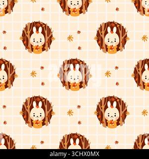 Motivo senza cuciture con simpatico coniglietto autunnale con foglie autunnali su sfondo a scacchi beige. Divertente personaggio di Cartoon Forest Animal. Illustrazione vettoriale. Ki Illustrazione Vettoriale