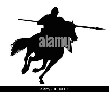 Silhouette del guerriero normanno montato in carica. Battaglia di Hastings. Illustrazione raffigurante un cavaliere medievale. Foto Stock