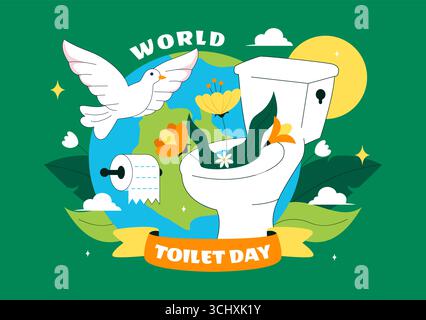 Illustrazione vettoriale della giornata mondiale del WC del 19 novembre con attrezzature igieniche per la consapevolezza su uno sfondo piatto Illustrazione Vettoriale