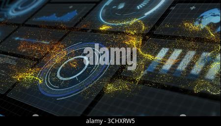 Visualizzazione di pannelli cartografici olografici radar collegati in dashboard high-tech con flussi di particelle d'oro Foto Stock