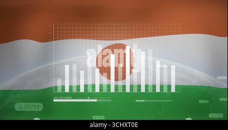 Visualizzazione del dashboard che mostra il grafico a barre traslucido, il cursore e i contatori sopra la bandiera del Niger e il globo Foto Stock