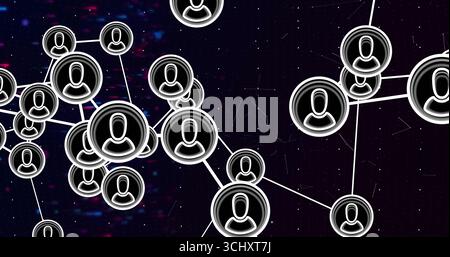 Collegamento di icone nere rotonde con profili e linee bianchi nello spazio virtuale con rumore digitale Foto Stock