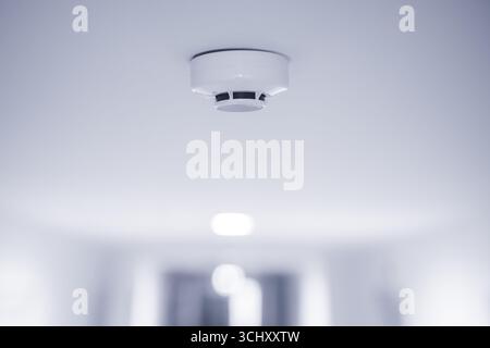 Rilevatore di fumo, dispositivo di rivelazione di allarme antincendio, configurazione del dispositivo di sicurezza condominiale nel soffitto della stanza dell'appartamento Foto Stock