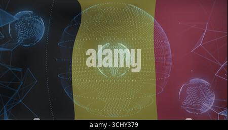 Globi e satelliti a reticolo punteggiato fluttuanti in un'illustrazione digitale, con anelli e linee mesh Foto Stock