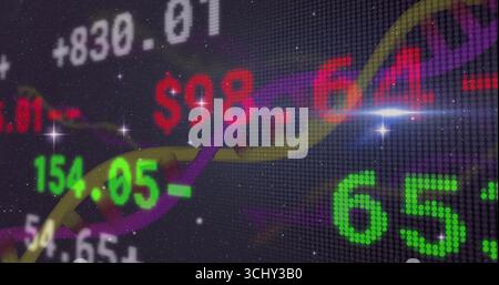 Visualizzazione di un'etichetta LED pixelata che mostra i valori numerici alla trading board, con linee di tendenza elicoidali Foto Stock